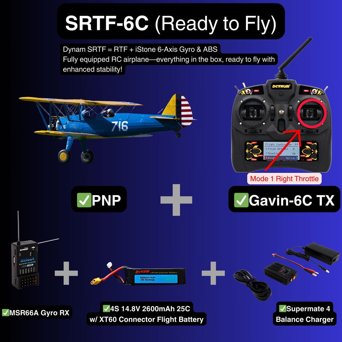 Dynam Stearman PT-17 Blue 4S RC Biplane 1300mm