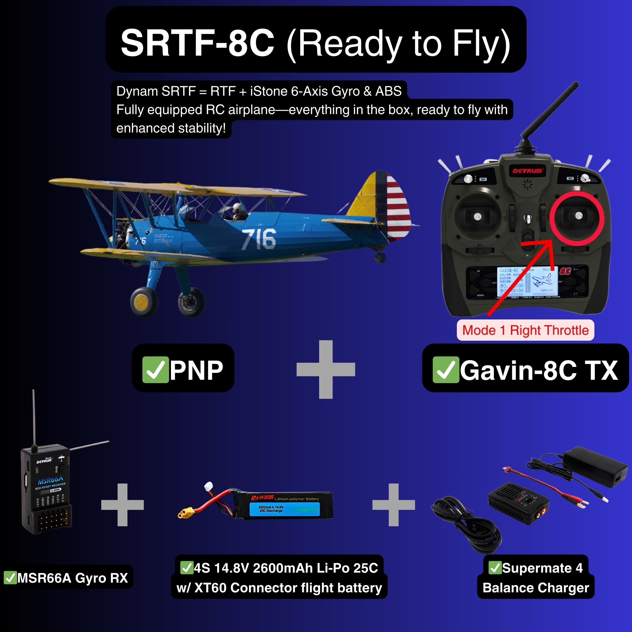 Dynam Stearman PT-17 Blue 4S RC Biplane 1300mm