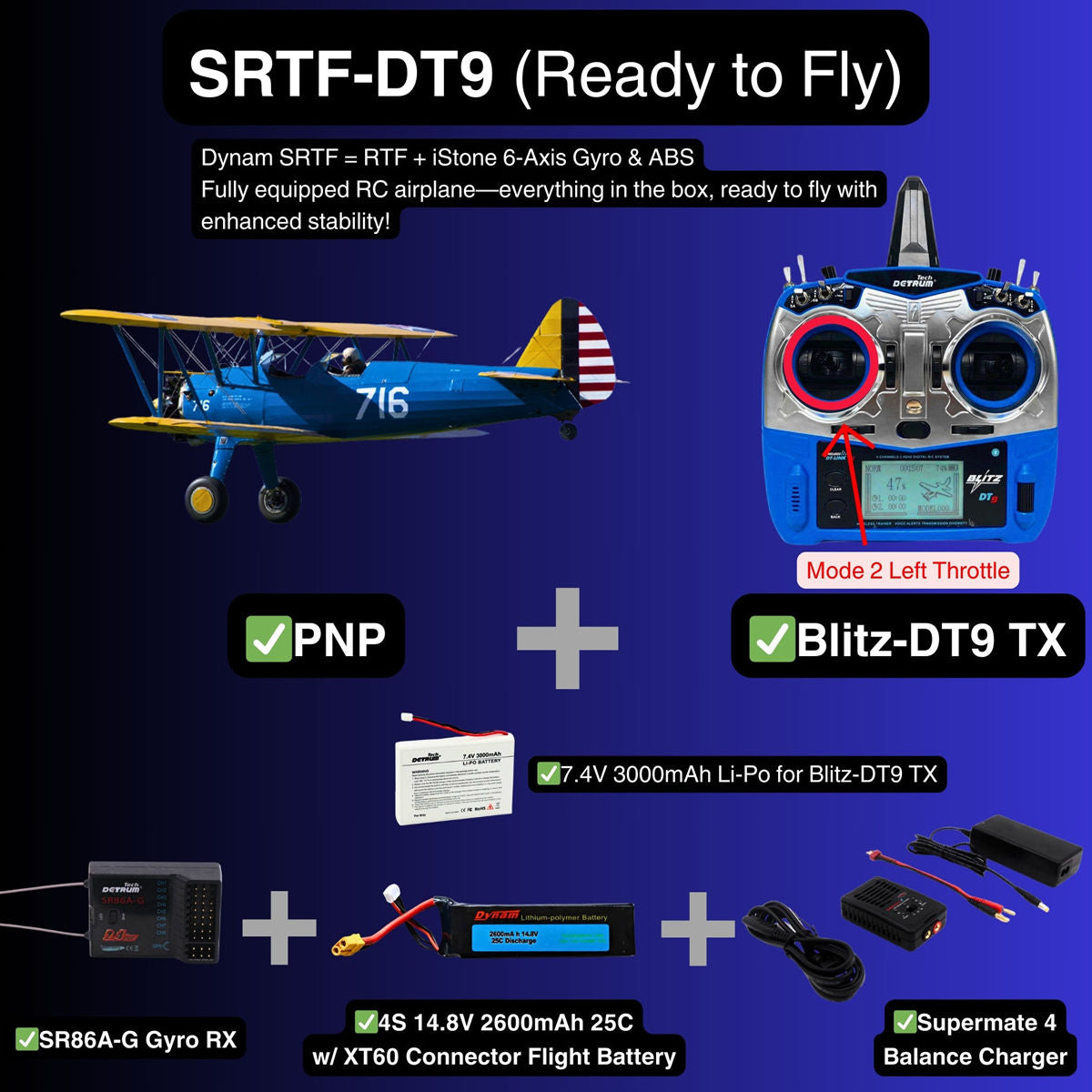 Dynam Stearman PT-17 Blue 4S RC Biplane 1300mm
